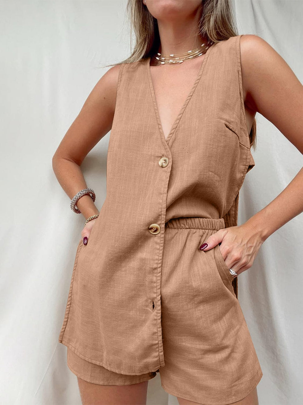 Full Size Button Up Top and Shorts Set - Trendsi