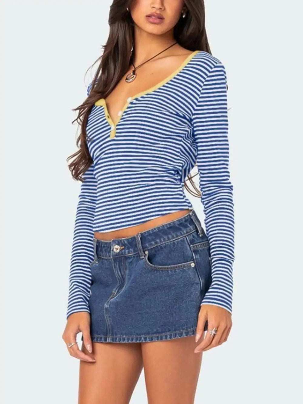 Buttoned Striped Long Sleeve T-Shirt - Trendsi - Flyclothing LLC