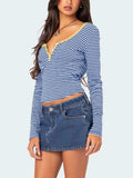 Buttoned Striped Long Sleeve T-Shirt - Trendsi - Flyclothing LLC