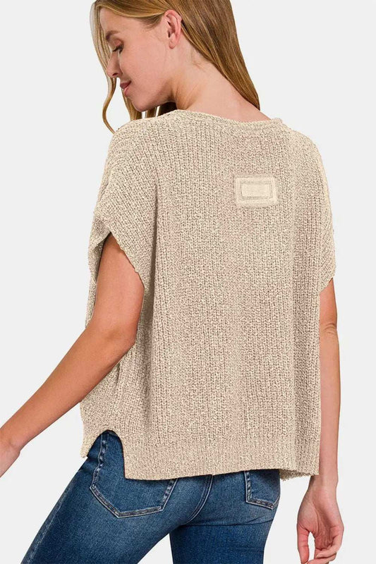 Zenana Short Sleeve Side Slit Sweater - Trendsi - Flyclothing LLC