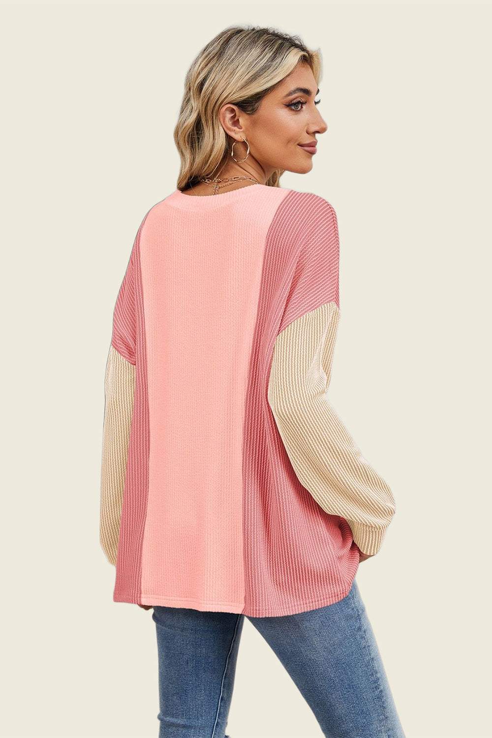 Double Take Texture Contrast Round Neck Long Sleeve T-Shirt - Trendsi - Flyclothing LLC