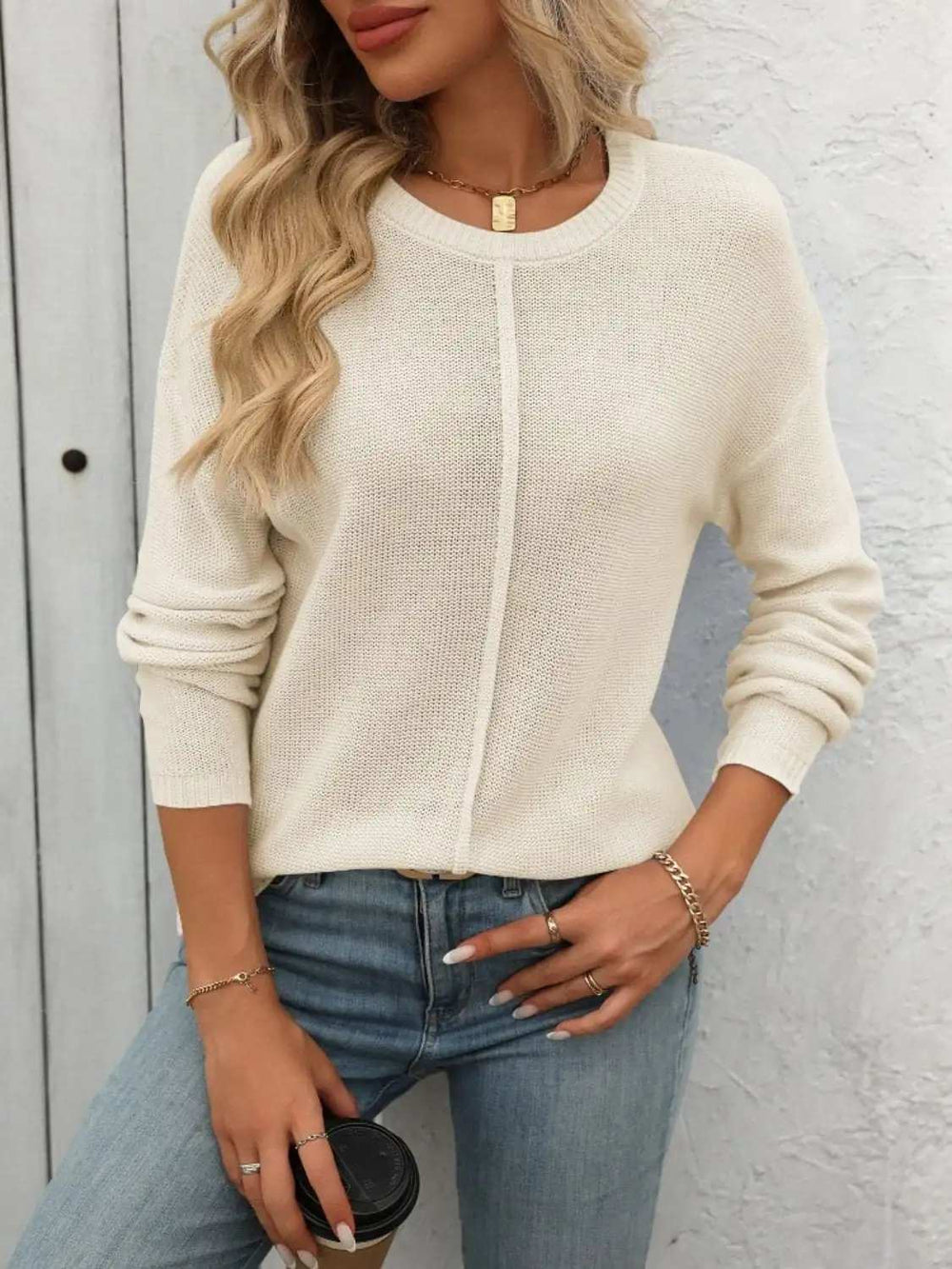 Round Neck Dropped Shoulder Knit Top - Trendsi - Flyclothing LLC