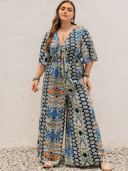 Plus Size Printed Half Sleeve Wide Leg Jumpsuit - Trendsi