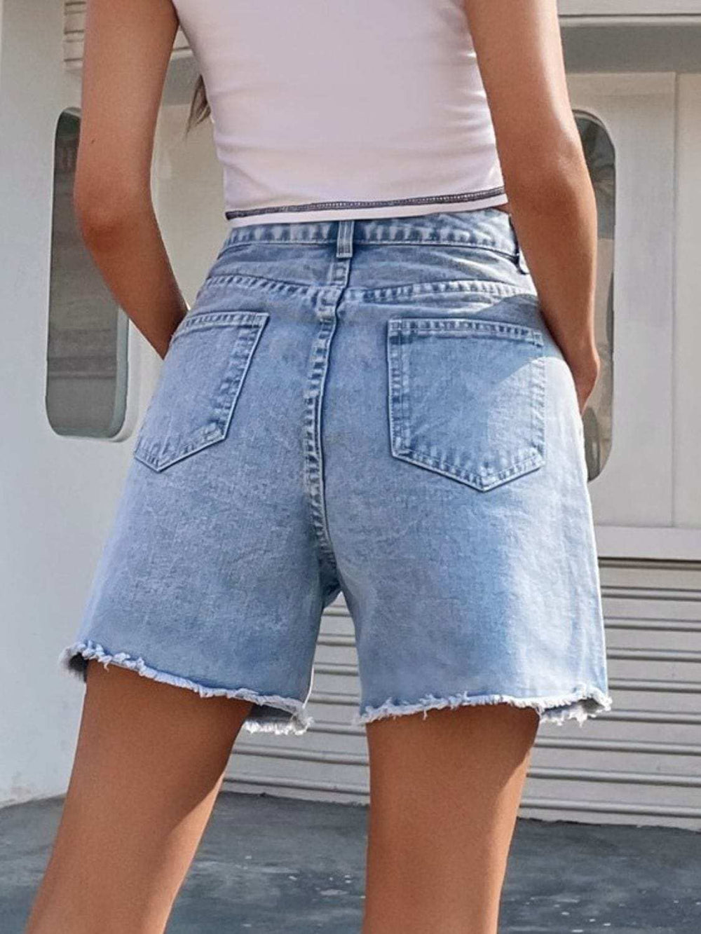 Raw Hem High Waist Denim Shorts - Trendsi - Flyclothing LLC