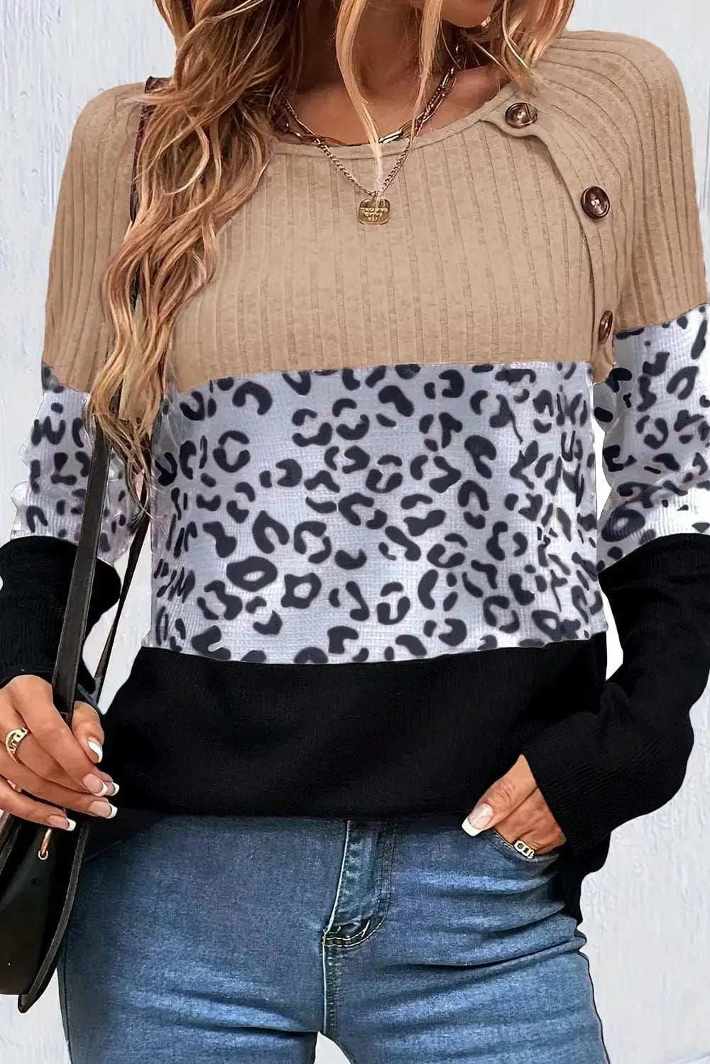 Leopard Round Neck Long Sleeve Top - Trendsi - Flyclothing LLC