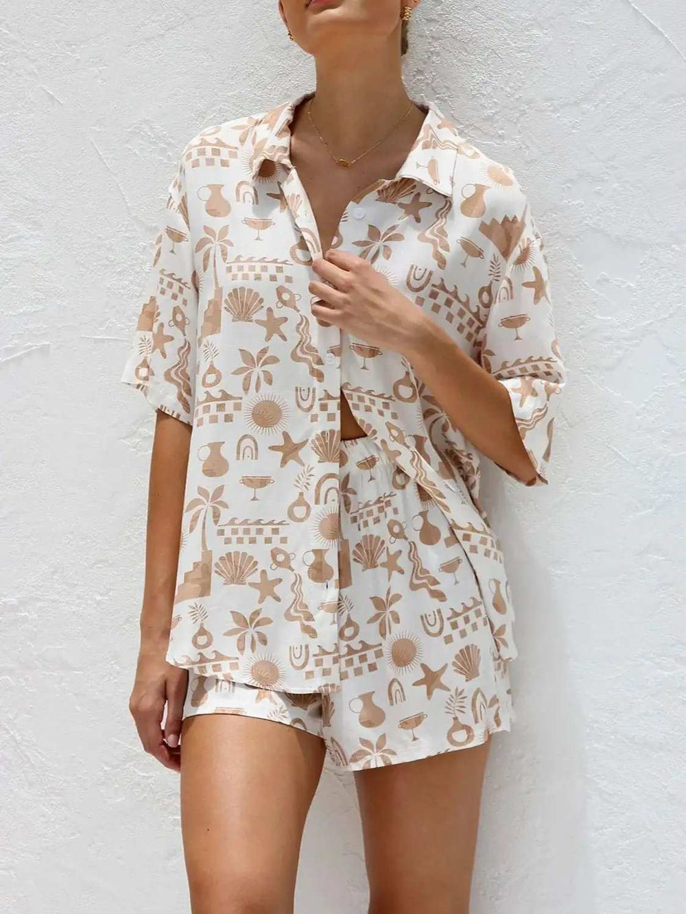 Printed Button Down Short Sleeve Top and Shorts Set - Trendsi - Flyclothing LLC