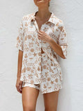 Printed Button Down Short Sleeve Top and Shorts Set - Trendsi - Flyclothing LLC