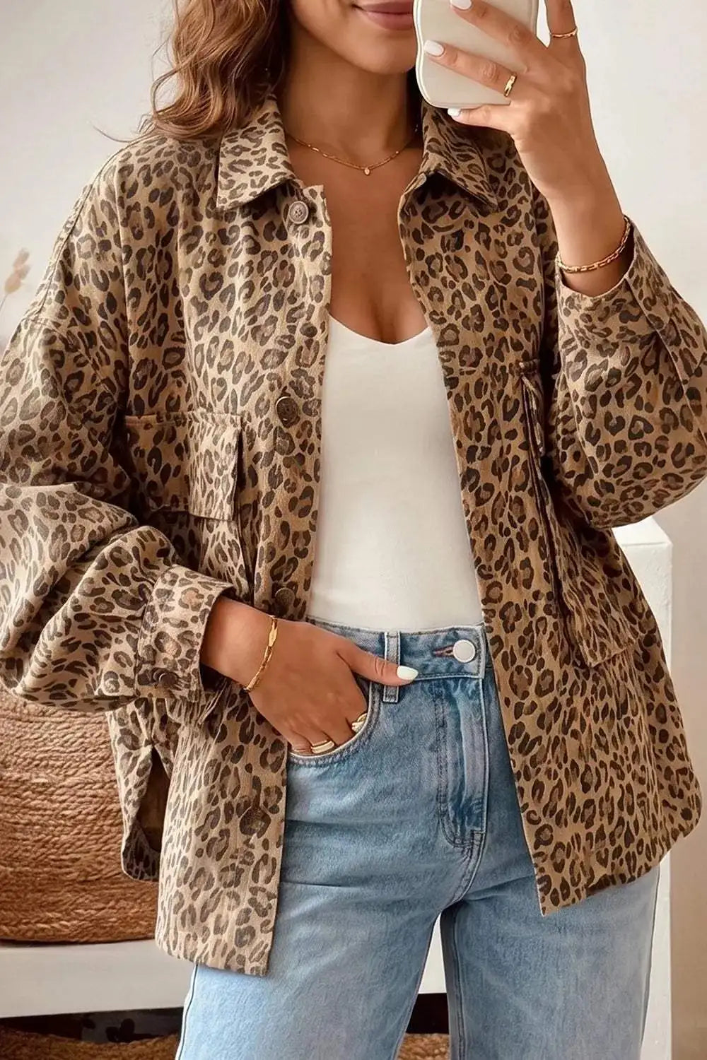 Leopard Print Denim Jacket - Trendsi - Flyclothing LLC