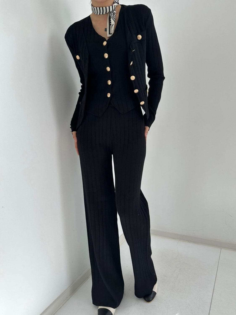 V-Neck Tank, Cardigan and Pants Three-Piece Sweater Set - Trendsi - Flyclothing LLC