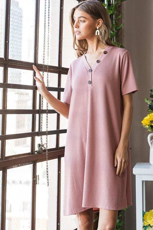 Heimish Full Size Solid Ribbed Mini Dress with Button Plus Size - Trendsi - Flyclothing LLC