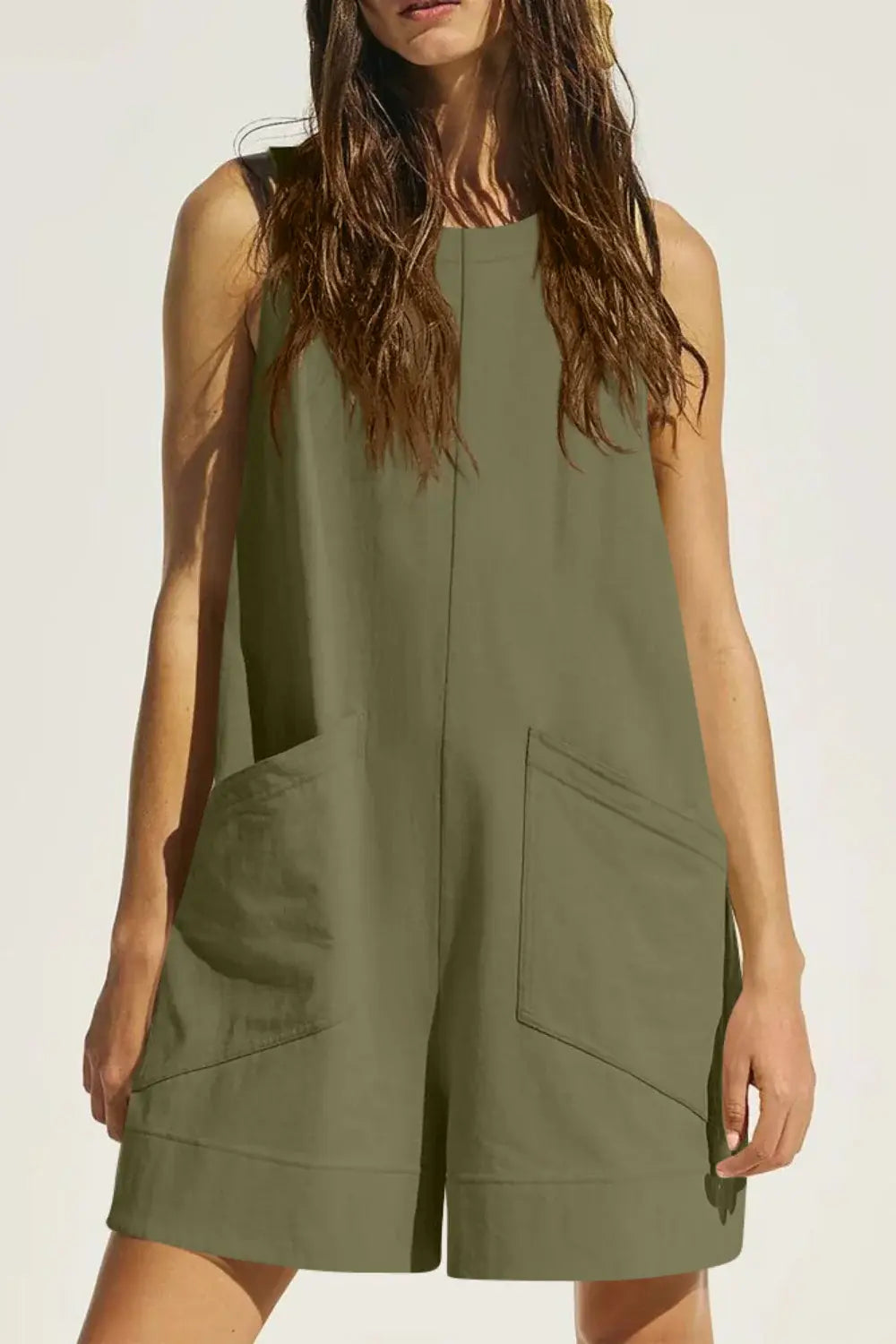 Lovelet Round Neck Sleeveless Romper with Pockets - Trendsi - Flyclothing LLC