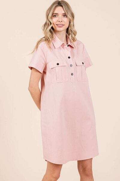 Mittoshop Button Detail Collared Neck Short Sleeve Shirt Dress - Trendsi - Flyclothing LLC