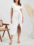 Ruched Slit V-Neck Short Sleeve Dress - Trendsi - Flyclothing LLC