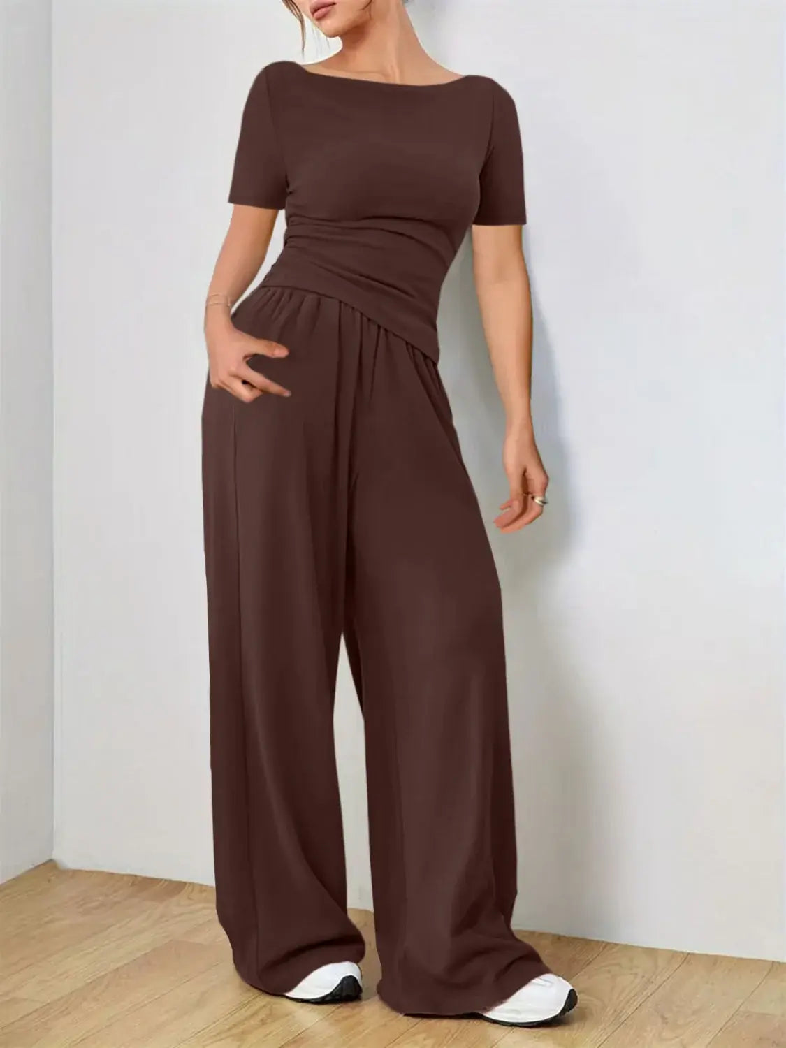 Round Neck Short Sleeve T-Shirt and Pants Set - Trendsi - Flyclothing LLC