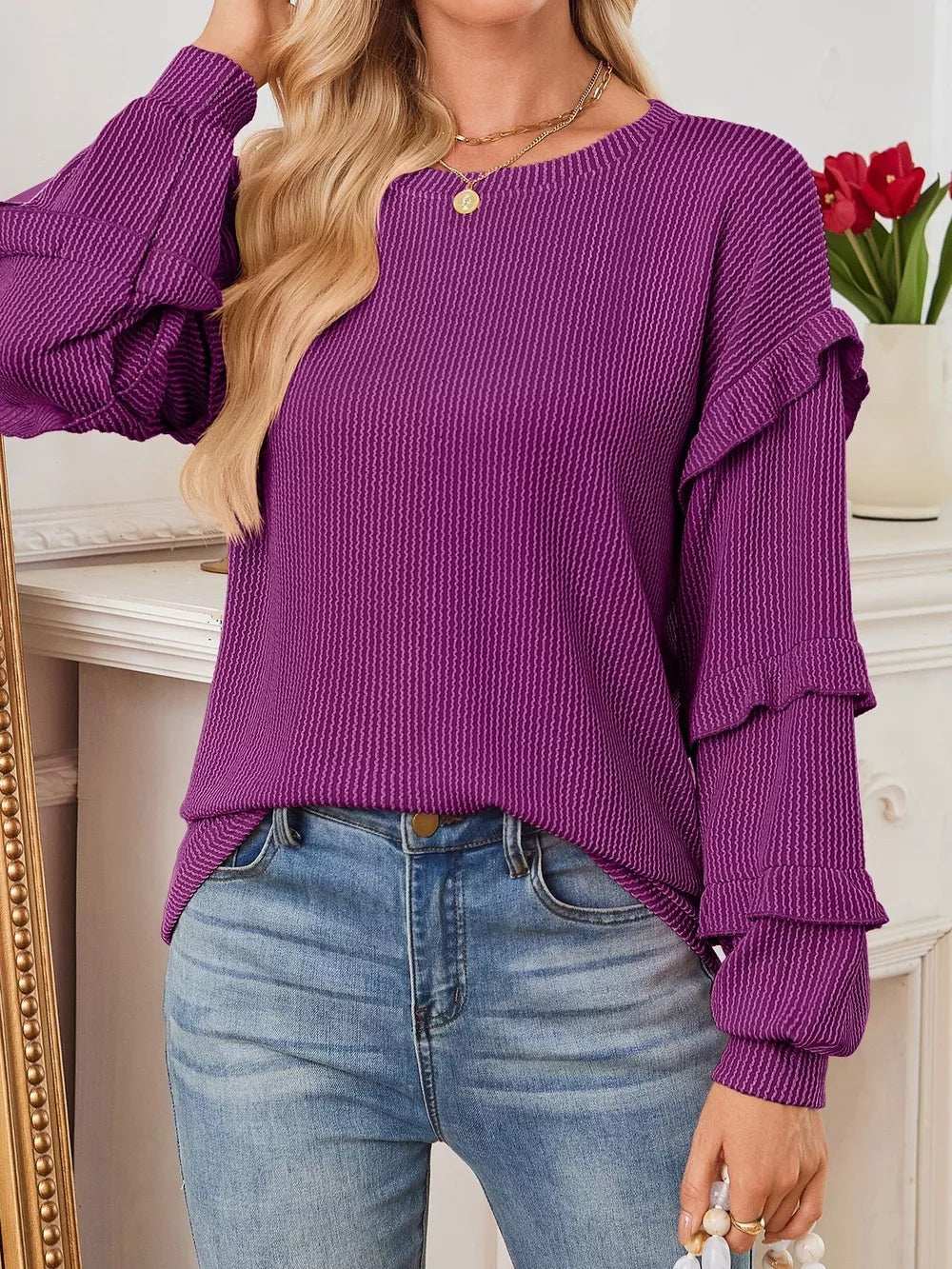 Round Neck Ruffled Long Sleeve Sweatshirt - Trendsi - Flyclothing LLC