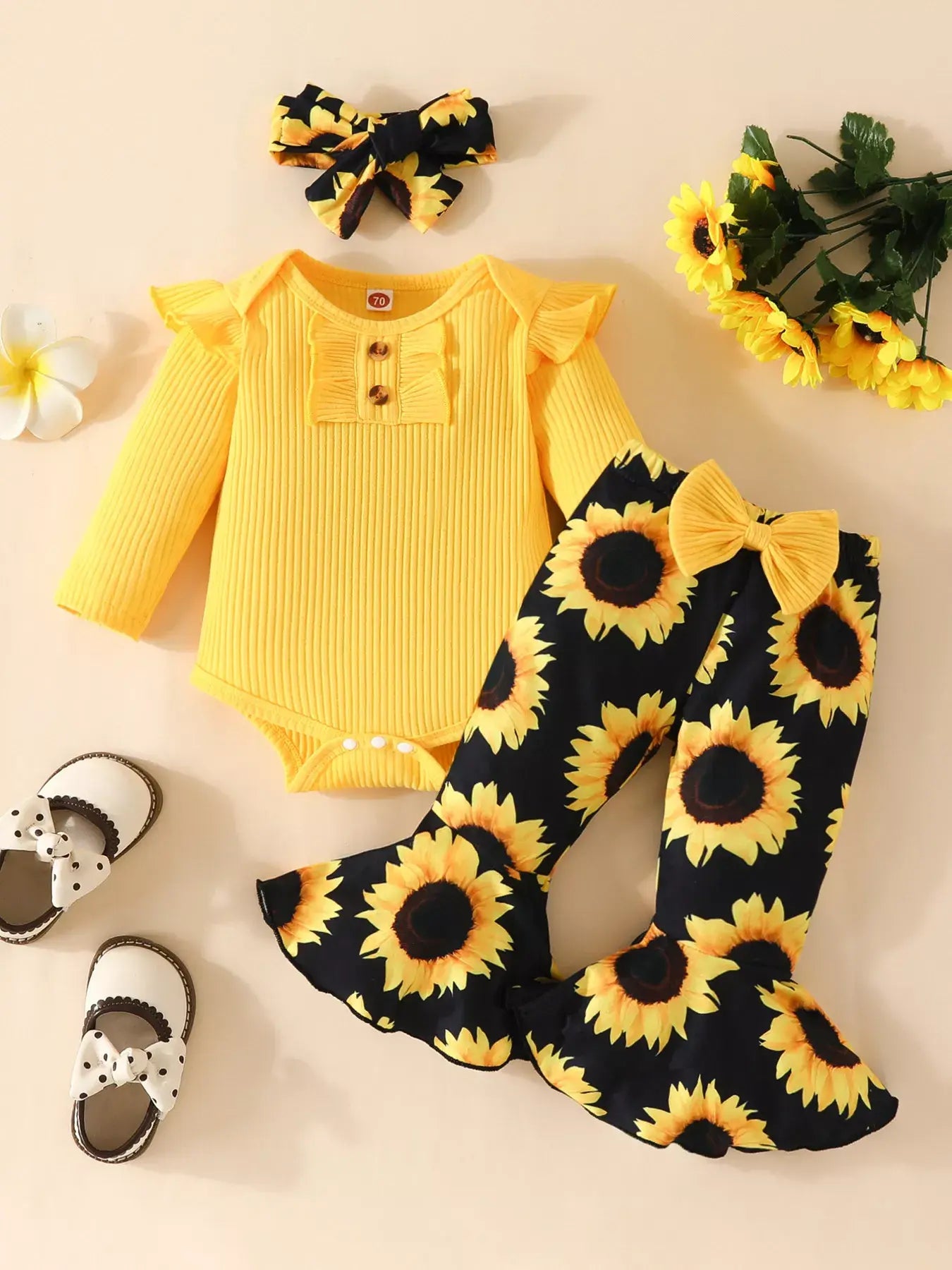 Children's Ruffled Ribbed Top and Sunflower Pants Set - Trendsi - Flyclothing LLC