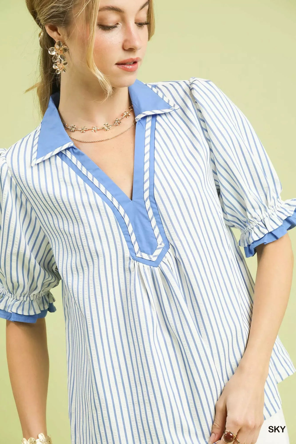 Umgee Seersucker Stripe Ruffle Sleeve Top - Trendsi - Flyclothing LLC