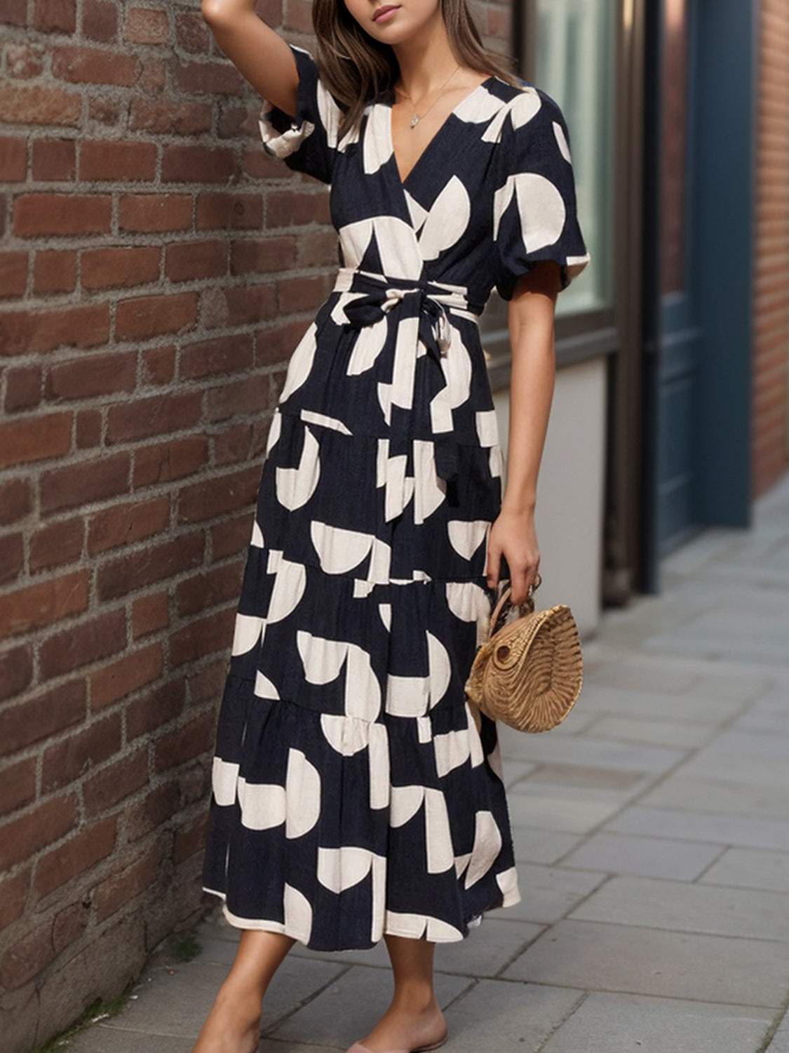 Tied Slit Printed Half Sleeve Midi Dress - Trendsi - Flyclothing LLC