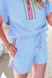 Striped Detail Flutter Sleeve Zipped Collar Top and Short Set - Trendsi - Flyclothing LLC