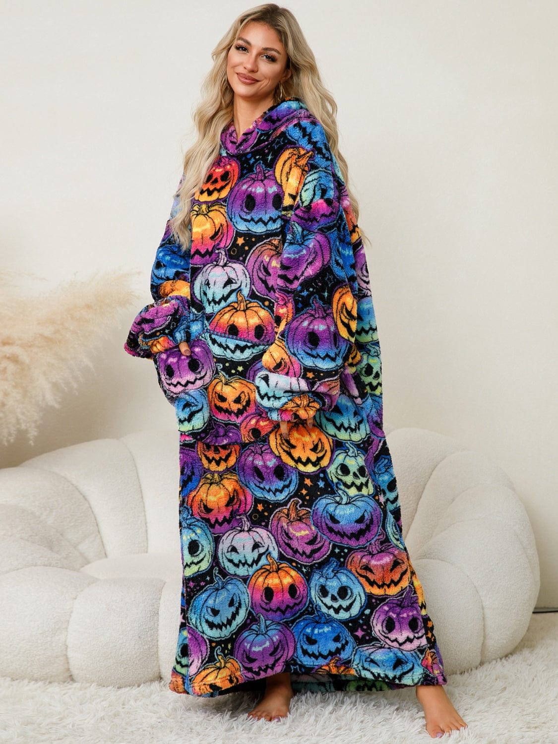 Fuzzy Pocketed Long Sleeve Hooded Lounge Dress - Trendsi