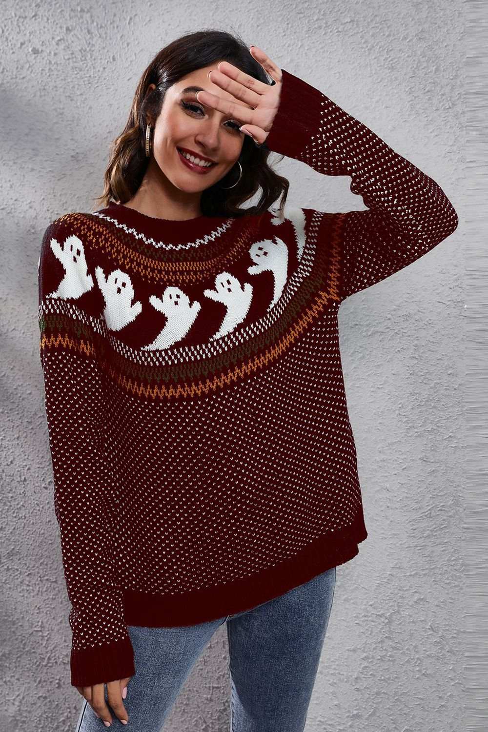 Ghost Pattern Round Neck Long Sleeve Sweater - Trendsi - Flyclothing LLC