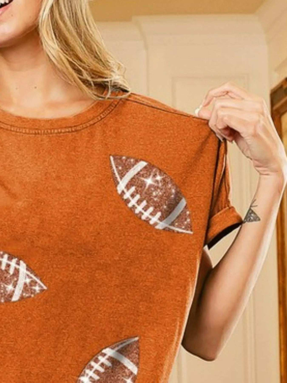 BiBi Football Sequin Embroidery Vintage Washed Top - Trendsi - Flyclothing LLC