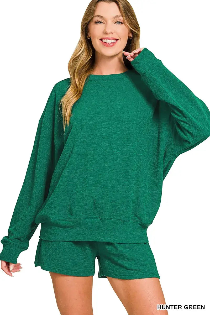 Zenana Slub Long Sleeve Top and Shorts Set - Trendsi - Flyclothing LLC