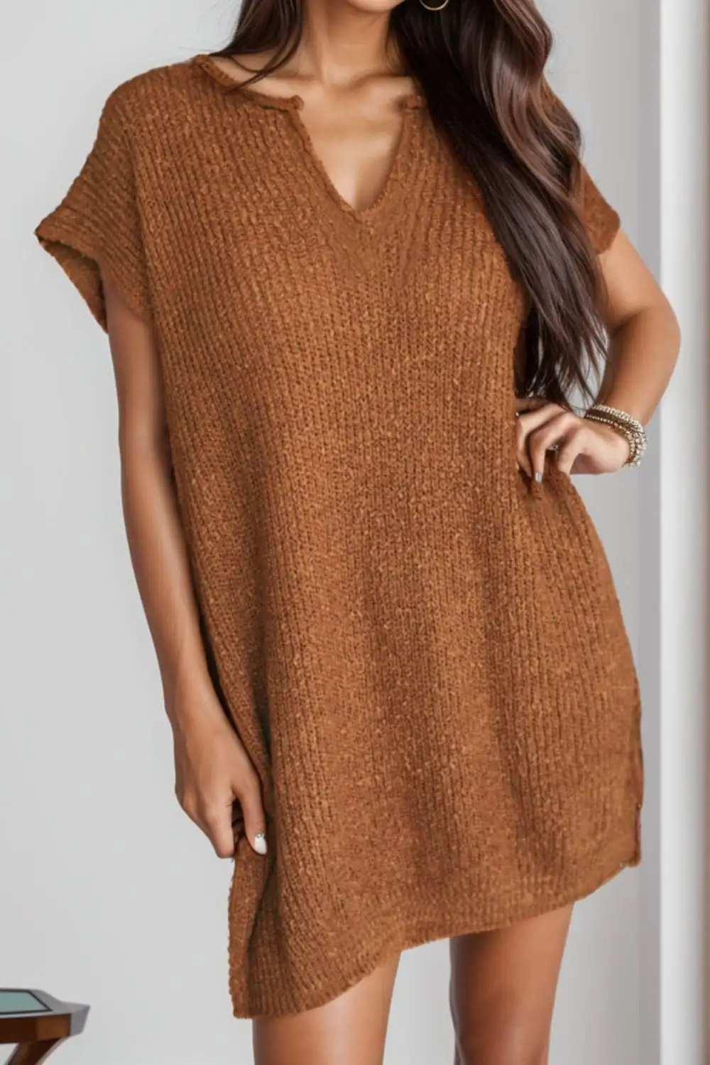 Notched Cap Sleeve Mini Sweater Dress - Trendsi - Flyclothing LLC