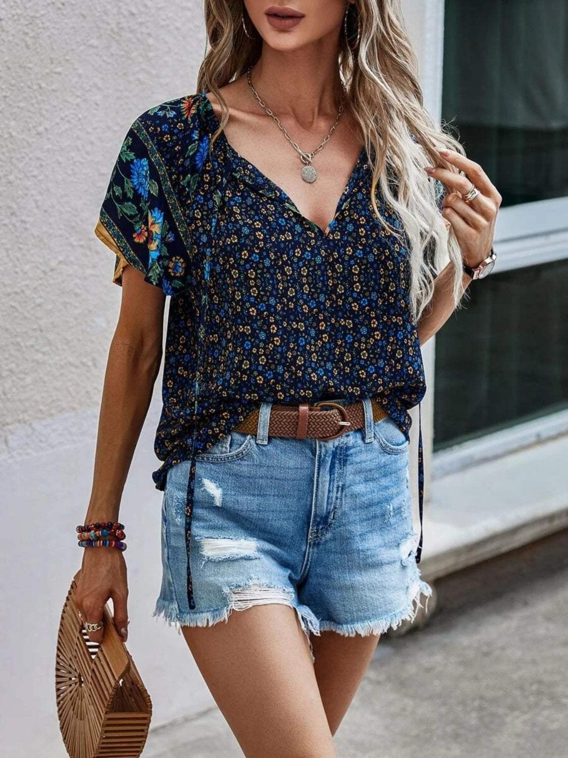 Printed Tie Neck Short Sleeve Blouse - Trendsi - Flyclothing LLC
