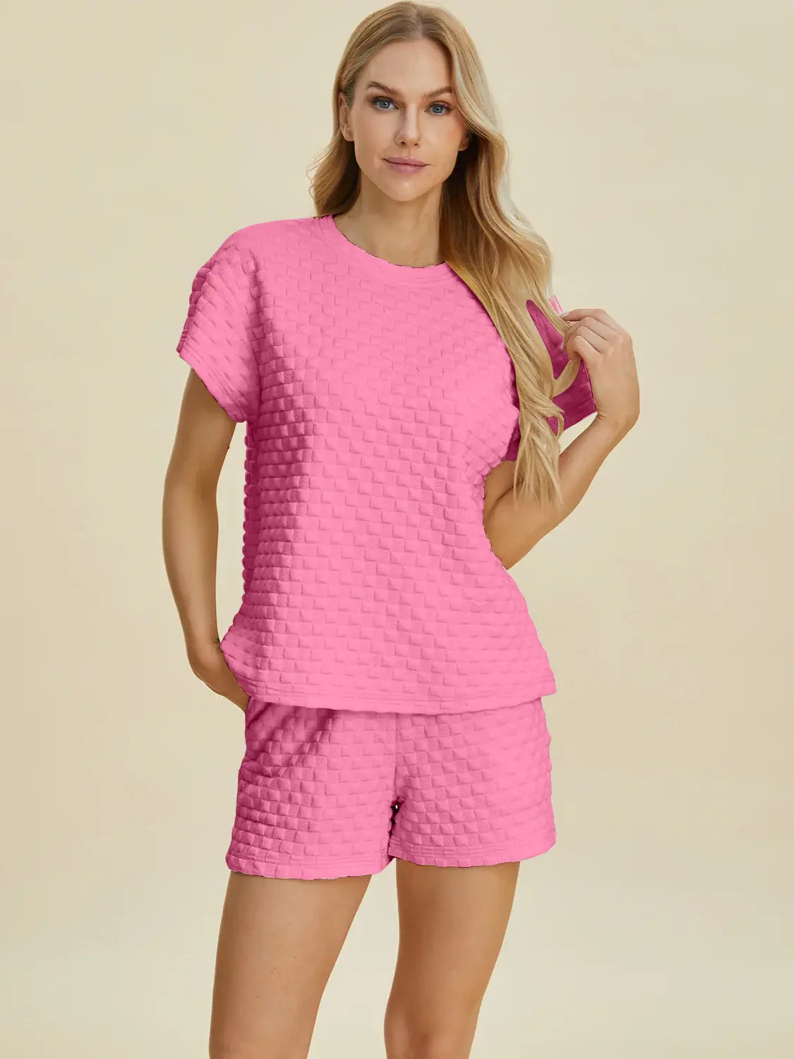 Double Take Full Size Texture T-Shirt and Shorts Set - Trendsi - Flyclothing LLC