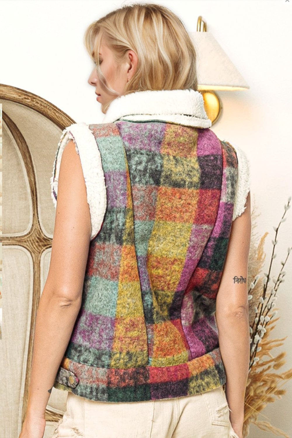 Double Take Full Size Snap Down Plaid Vest Coat with Pockets - Trendsi