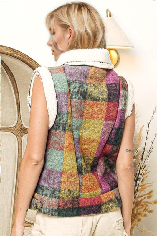 Double Take Full Size Snap Down Plaid Vest Coat with Pockets - Trendsi