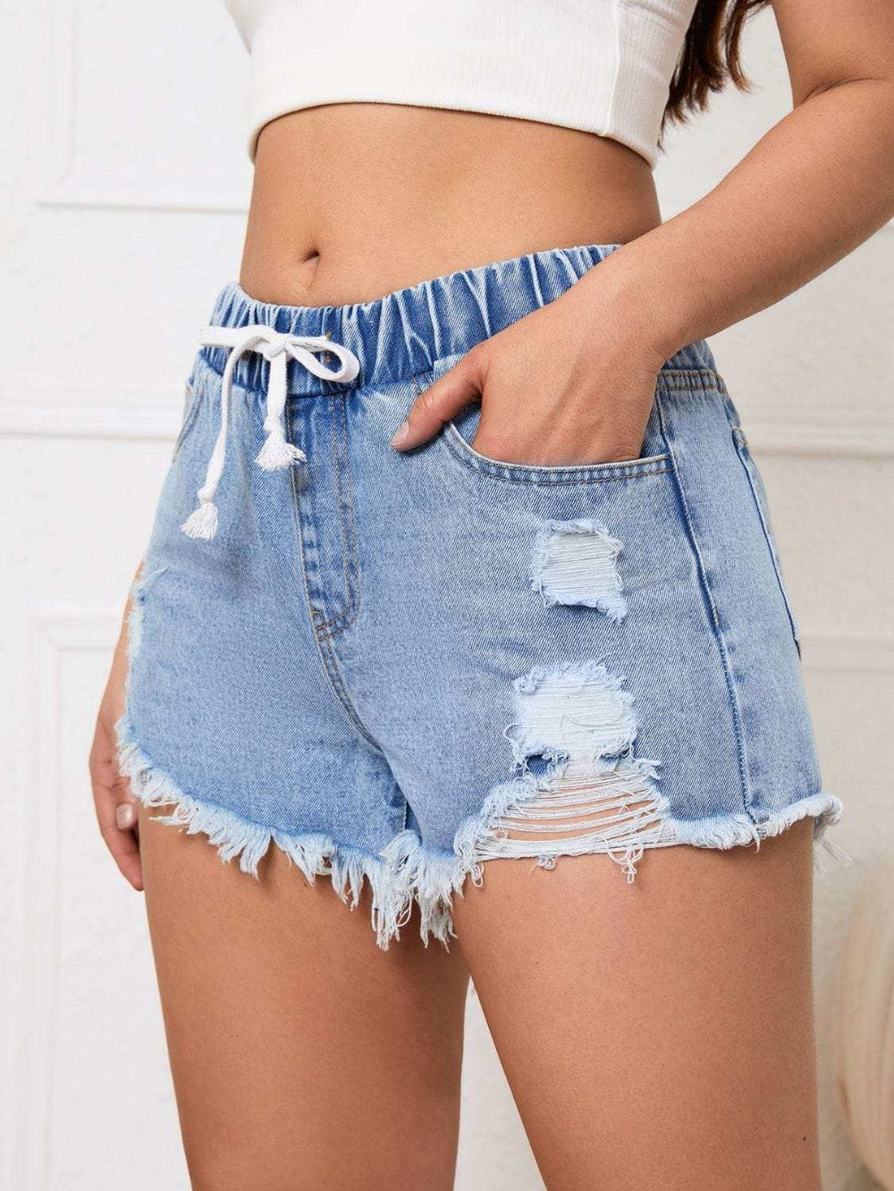 Distressed Drawstring Raw Hem Denim Shorts - Trendsi - Flyclothing LLC