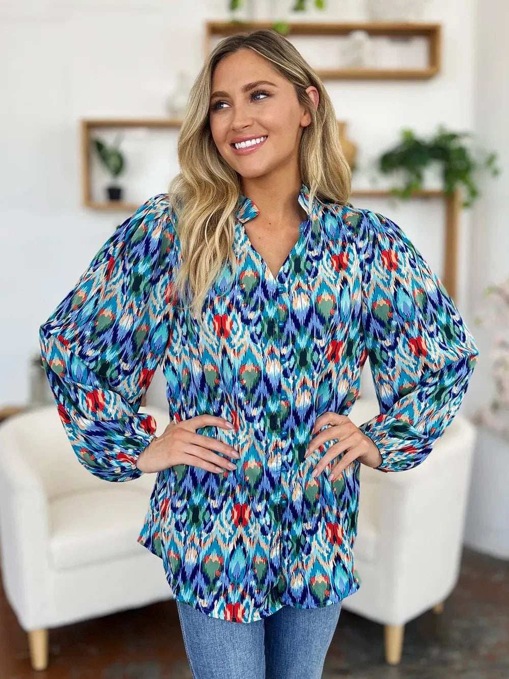 Double Take Full Size Printed Balloon Sleeve Blouse - Trendsi - Flyclothing LLC