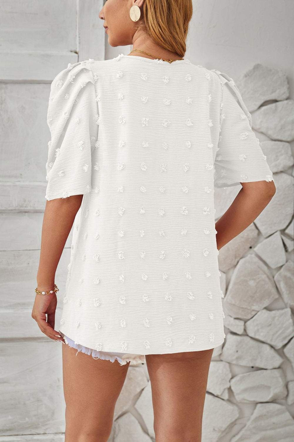 Swiss Dot Round Neck Short Sleeve Blouse - Trendsi - Flyclothing LLC