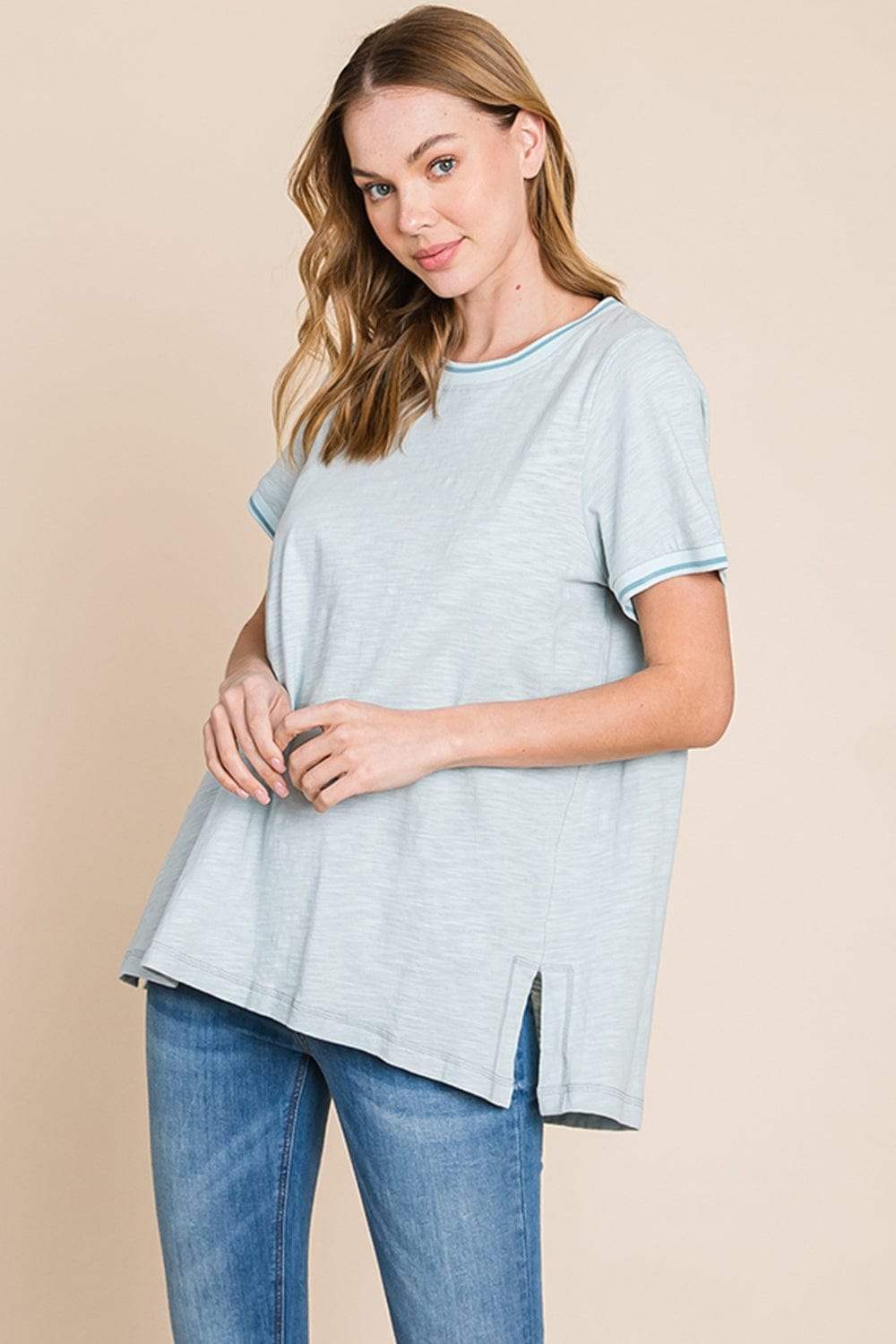 Cotton Bleu by Nu Lab Contrast Trim Short Sleeve Slit T-Shirt - Trendsi - Flyclothing LLC