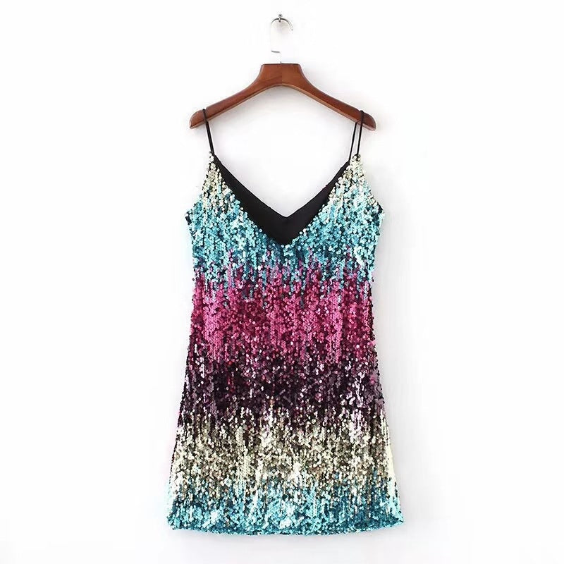 Womens Sparkly Sequin Sleeveless Dress Fashion Spaghetti Straps Dresses Nightclub Clubwear Cocktail Evening Party Costume - SHOMICOBOUTIQUE - Flyclothing LLC