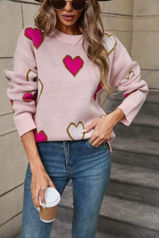 Angel Wings Contrast Heart Round Neck Long Sleeve Sweater - Trendsi - Flyclothing LLC