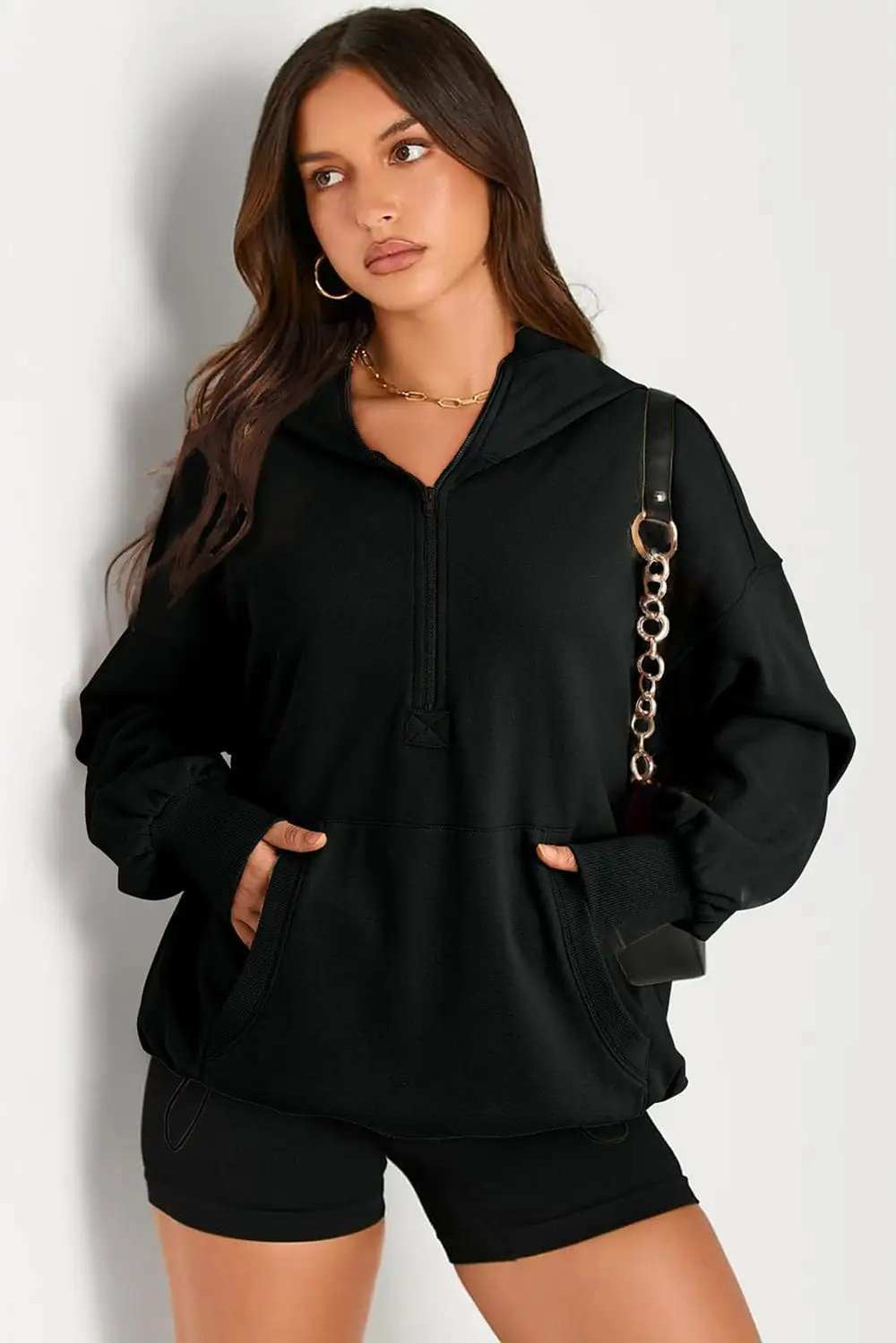 Pocketed Half Zip Long Sleeve Hoodie - Trendsi - Flyclothing LLC
