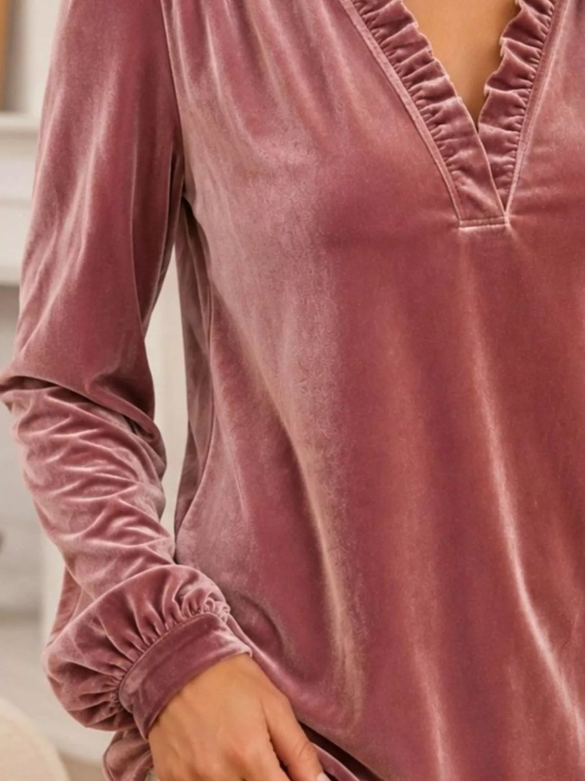 V-Neck Ruffle Trim Velvet Blouse - Trendsi - Flyclothing LLC