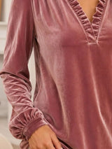 V-Neck Ruffle Trim Velvet Blouse - Trendsi - Flyclothing LLC