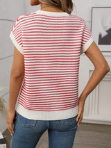 Striped Round Neck Short Sleeve Knit Top - Trendsi - Flyclothing LLC