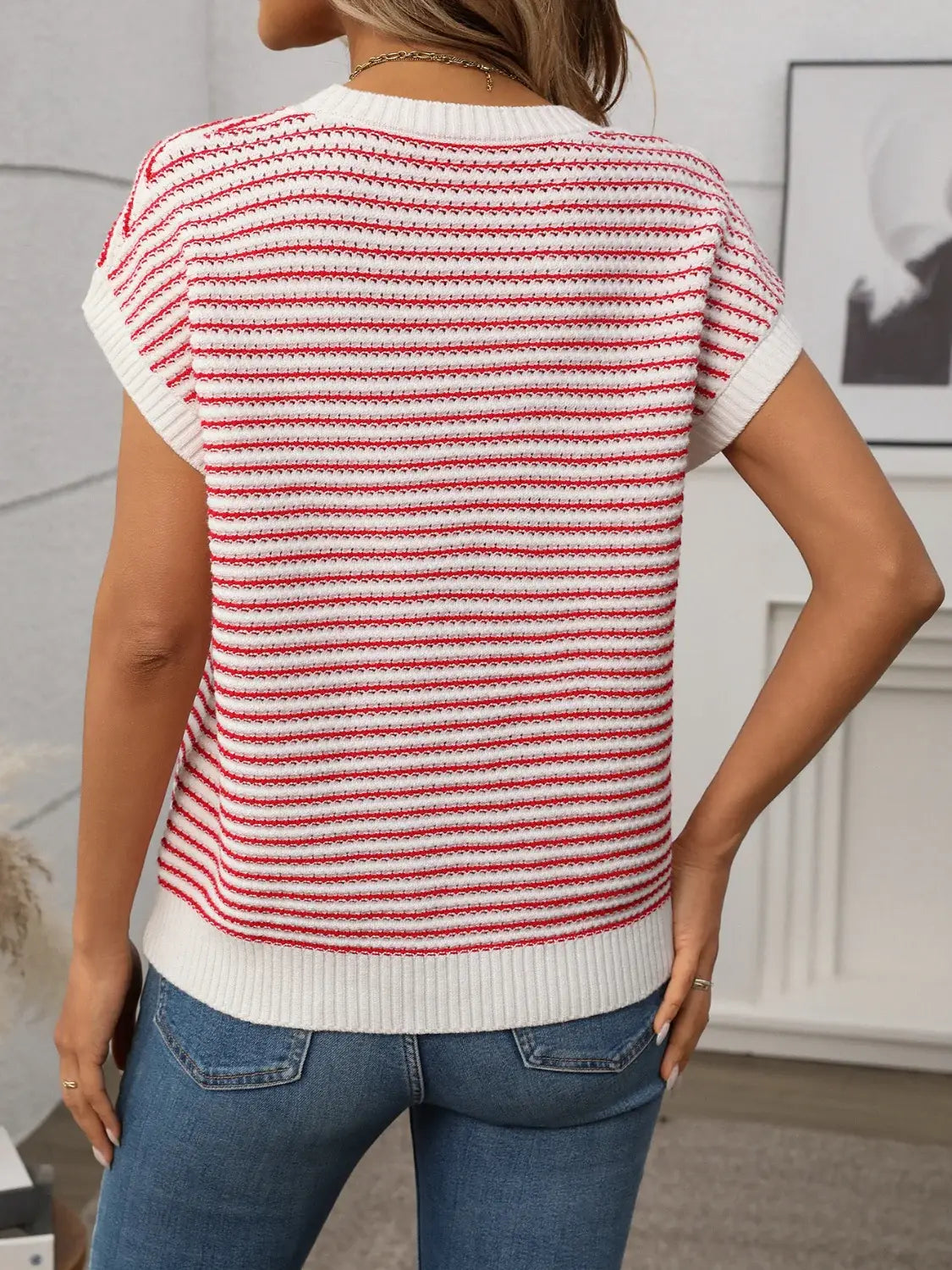 Striped Round Neck Short Sleeve Knit Top - Trendsi - Flyclothing LLC