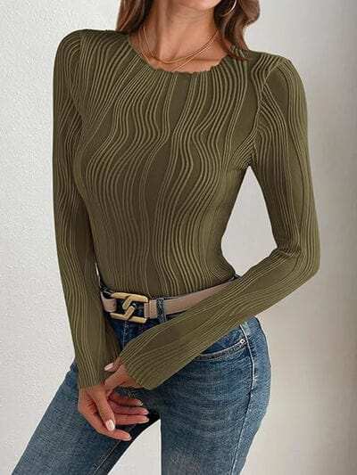 Textured Round Neck Long Sleeve Top - Trendsi - Flyclothing LLC