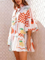 Printed Three-Quarter Sleeve Mini Dress - Trendsi - Flyclothing LLC