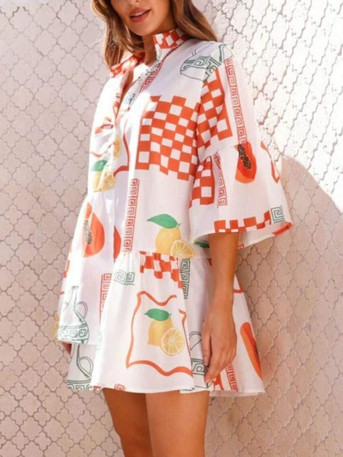 Printed Three-Quarter Sleeve Mini Dress - Trendsi - Flyclothing LLC