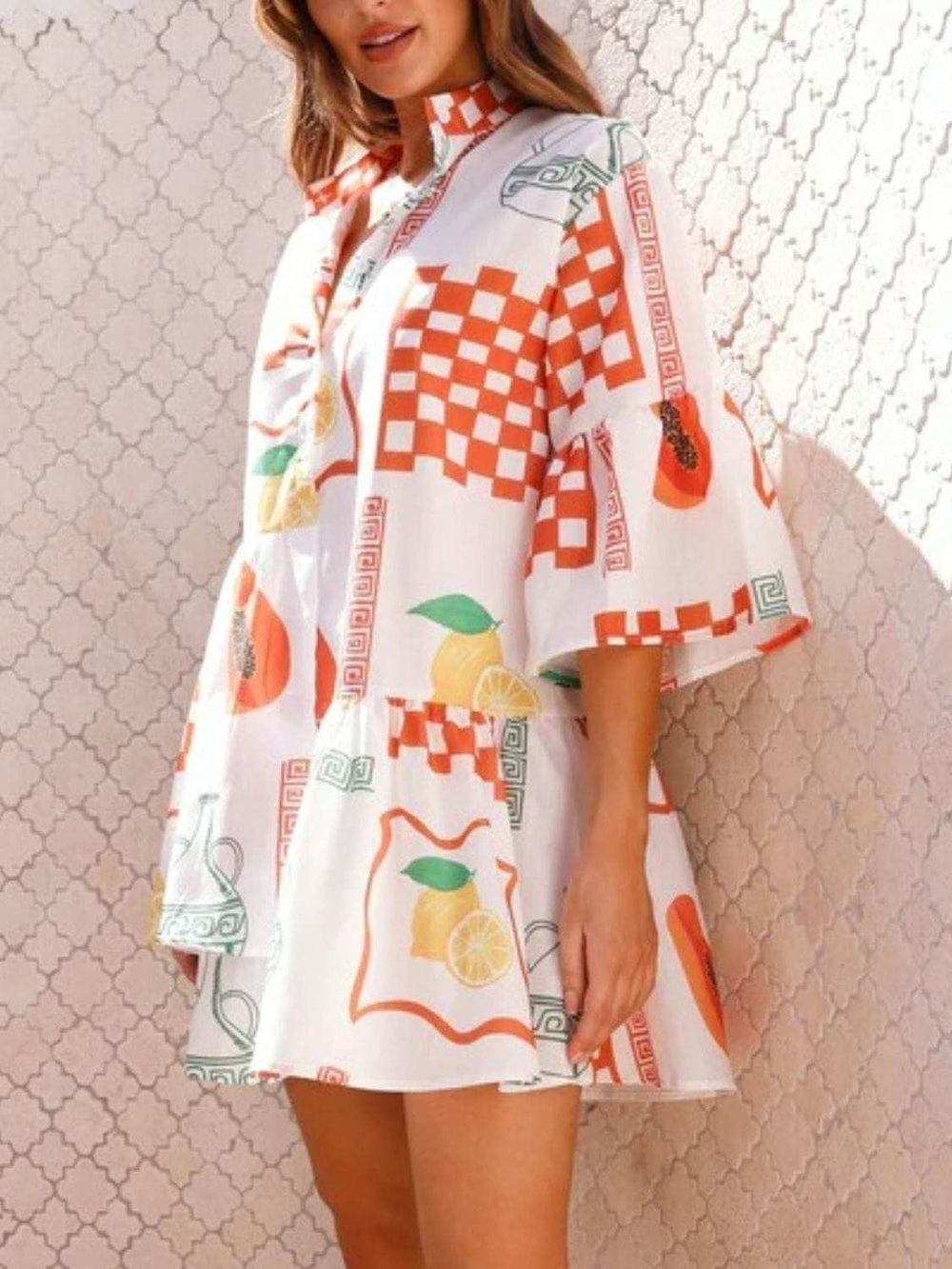 Printed Three-Quarter Sleeve Mini Dress - Trendsi - Flyclothing LLC