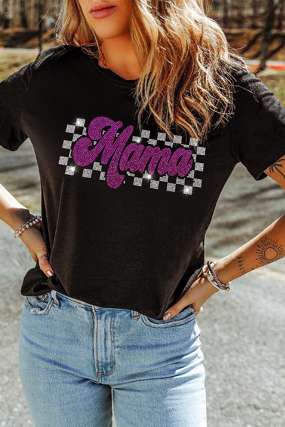 MAMA Rhinestone Letter Round Neck T-Shirt - Trendsi