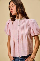 SO ME Gingham Lace Trim Button Bubble Sleeves Blouse - Trendsi - Flyclothing LLC