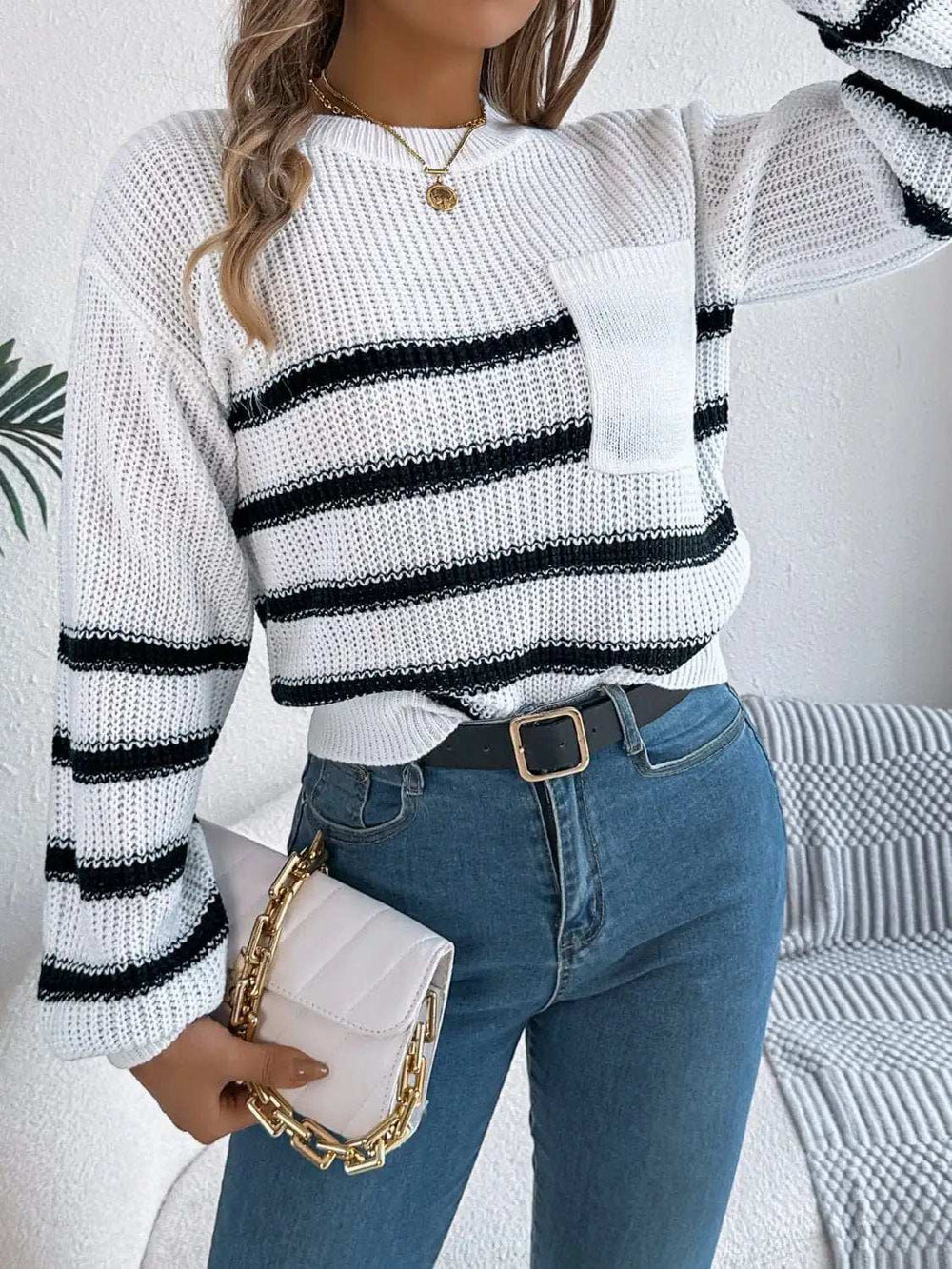 Striped Round Neck Long Sleeve Sweater - Trendsi - Flyclothing LLC